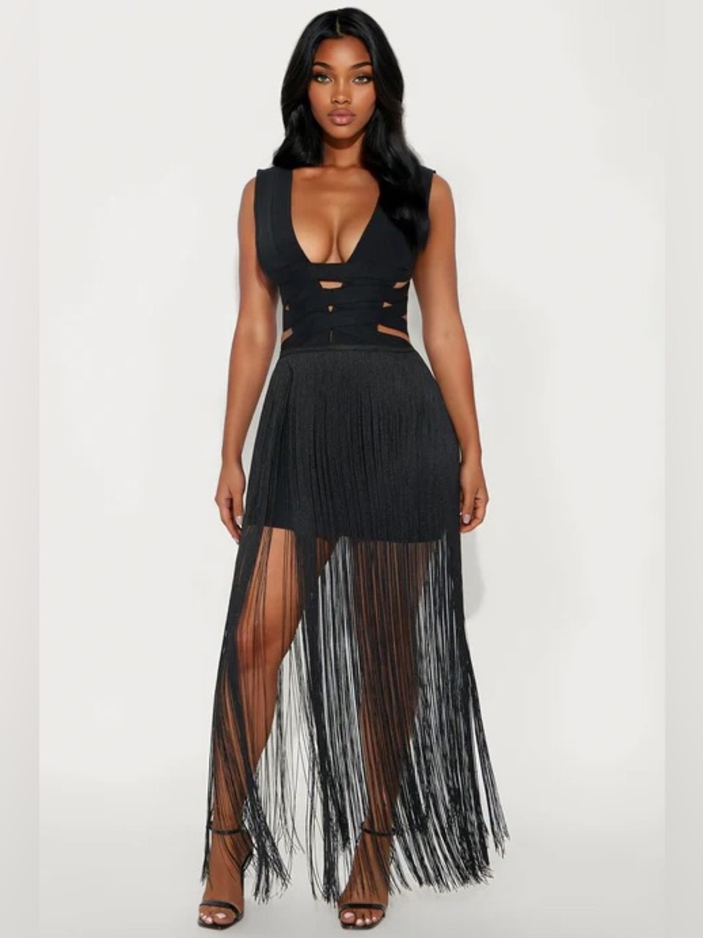 Fashion Nova Black Fiona Fringe Trim Bandage Mini Dress